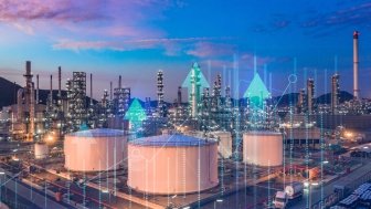 Oil refinery with oil storage tank with price graph and petrochemical plant industrial background at twilight, Aerial view oil and gas refinery at twilight.