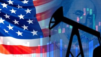 Rising prices for American oil. Concept - filling the USA reserves of crude oil. Oil pumping tower on background of the flag. Charts symbolize rising petroleum prices. U.S. hydrocarbon market. USO