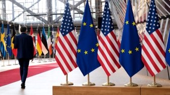 European and US flags in European Council in Brussels