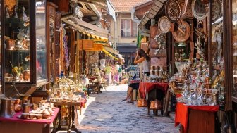 Street with shops in Sarajevo.