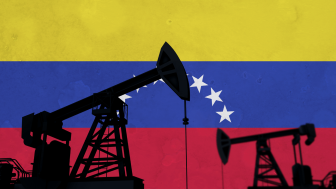 Oil and gas industry background. Oil pump silhouette against venezuela flag. 3D Rendering