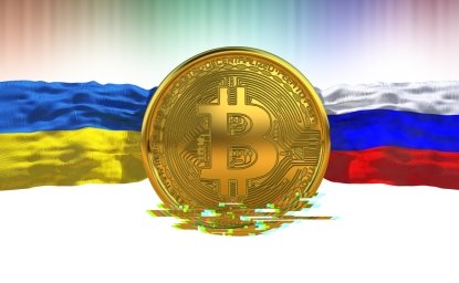 Bitcoin Ukraine and Russian Flags