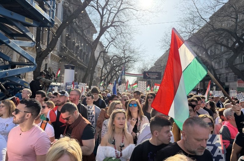Tisza march in downtown Budapest on March 15, 2026
