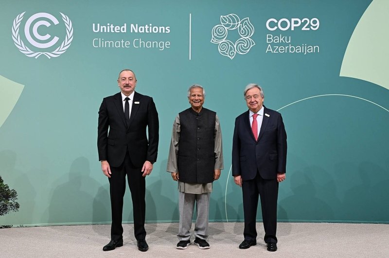 Muhammad Yunus with Ilham Aliyev, the President of Azerbaijan and António Guterres, Secretary-General of the United Nations at COP29. 
