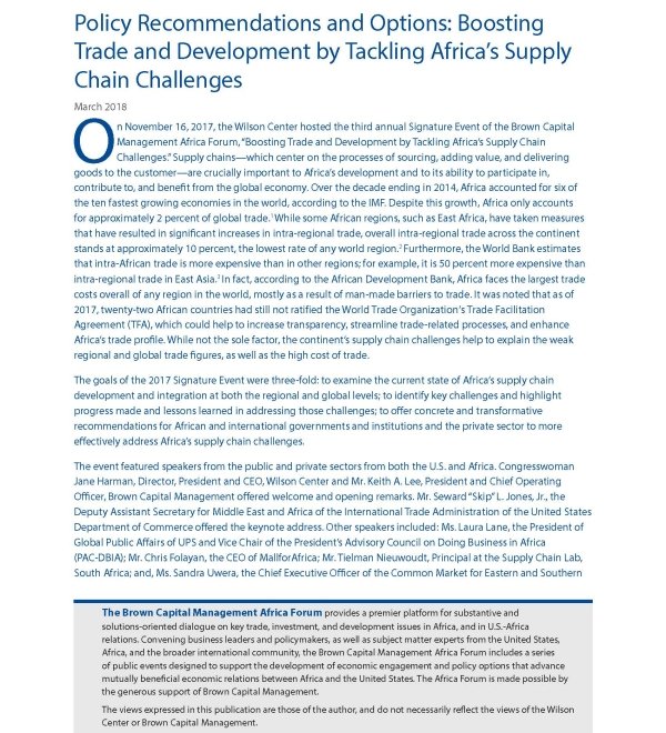 Policy Recommendations and Options: Boosting Trade and Development by Tackling Africa’s Supply Chain Challenges