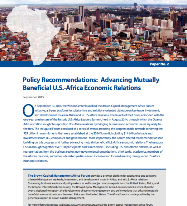 Policy Recommendations and Options: Advancing Mutually Beneficial U.S.-Africa Economic Relations