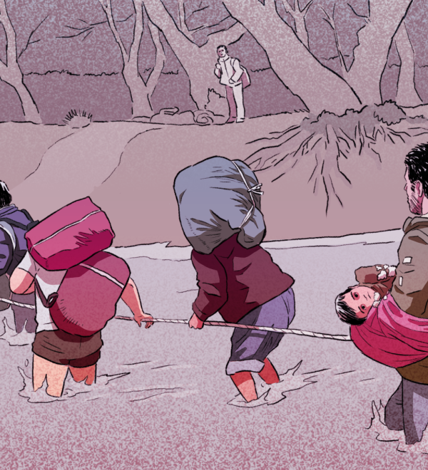 Artwork from Bury me, my Love that depicts people crossing a river
