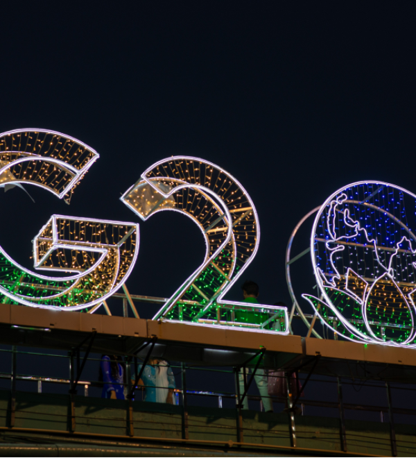 G20 logo installed on a pedestrian bridge outside the main venue of the upcoming G20 Summit