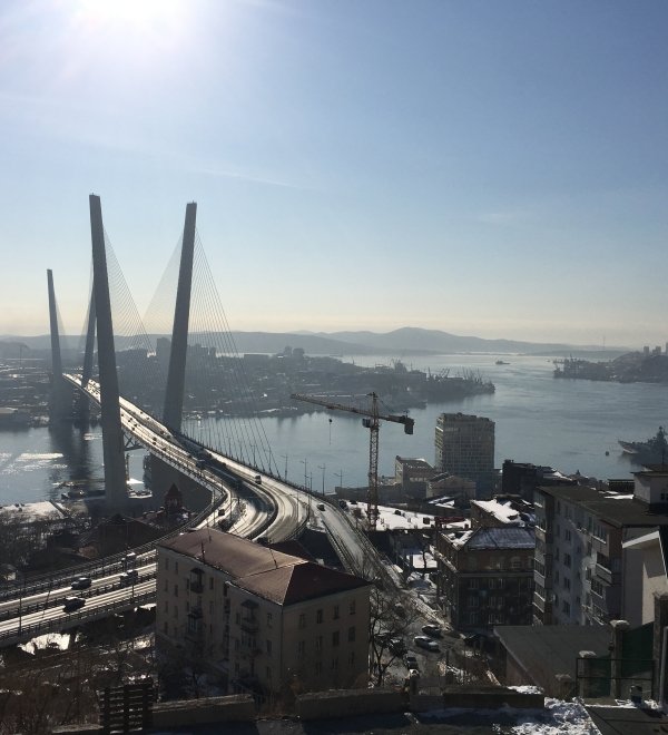 Aerial view of the Golden Bridge in Vladivostok 
