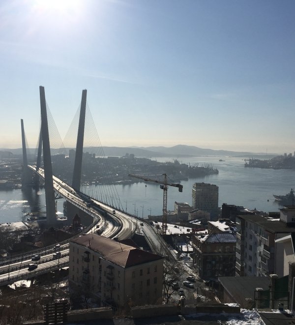 Aerial view of the Golden Bridge in Vladivostok