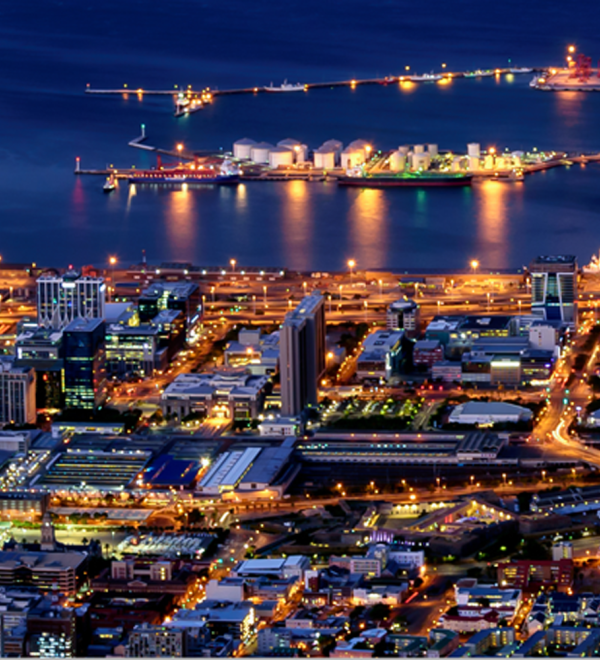 Table Bay and Harbor in Cape Town during Blue Hour circa February 2019