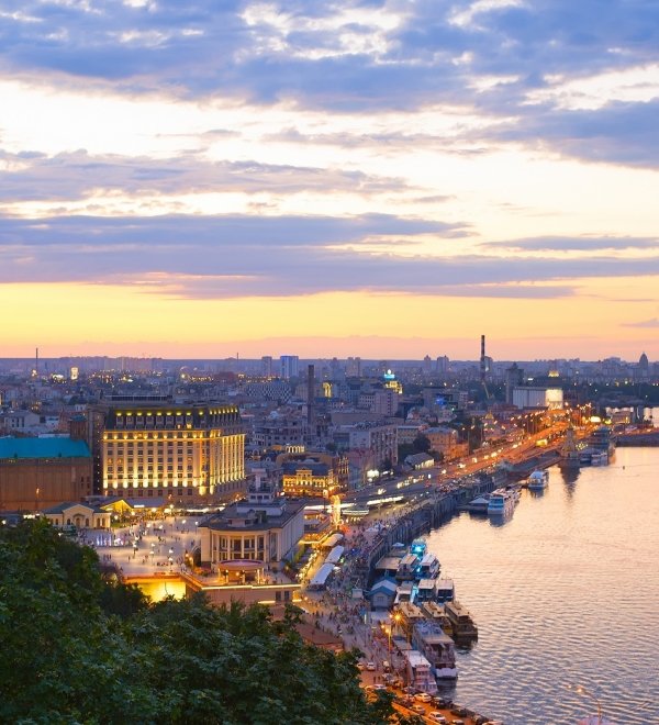 Skyline of Kyiv at twilight