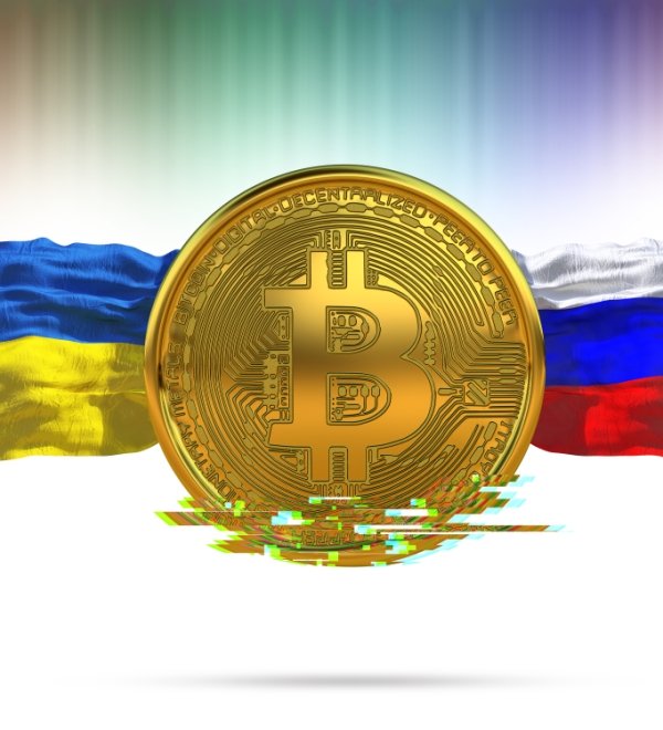 Bitcoin Ukraine and Russian Flags