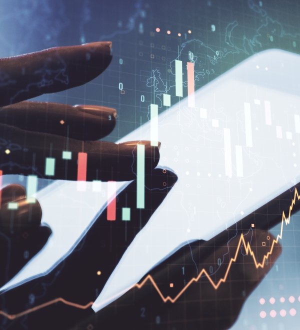 Abstract creative financial graph with world map and with finger clicks on a digital tablet on background, forex and investment concept. Multiexposure