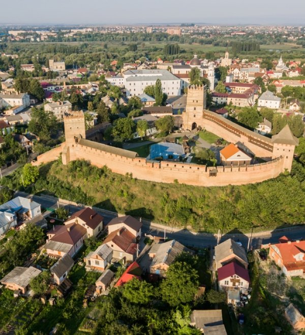 aerial view on the Lutsk castle. Prince Lubart stone castle, landmark of Lutsk city, Ukraine.