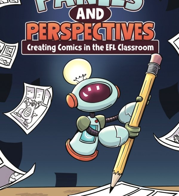 Text says Panels and Perspectives; Creating Comics in the EFL Classroom, with a picture of a robot drawing comics.