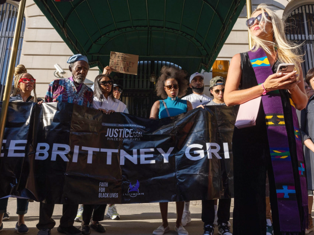 NEW YORK, N.Y. – June 29, 2022: Rev. Amanda Hambrick Ashcraft, right-foreground, speaks at a vigil for Brittney Griner held outside the Consulate-General of Russia in New York City.