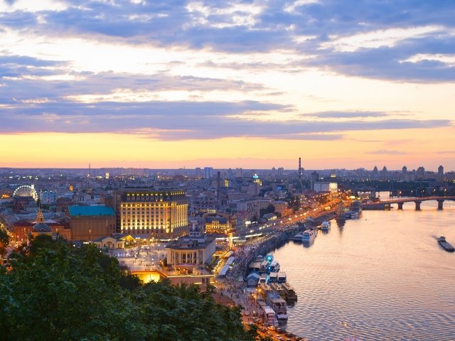 Skyline of Kyiv at twilight