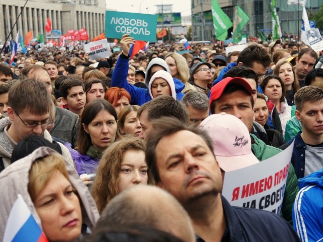 Moscow, August 10 2019. Protesters at allowed meeting at Sakharova Ave in Russia's capital.The meeting united more than 60 000 people being the biggest meeting since 2012 organized by opposition.