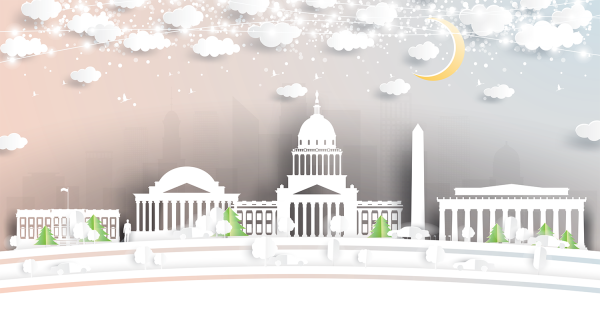 A graphic of the Washington DC Skyline with snow and clouds