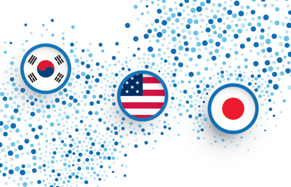 Icons with the flags of South Korea, the United States, and Japan on an abstract blue background that connects them with dots.