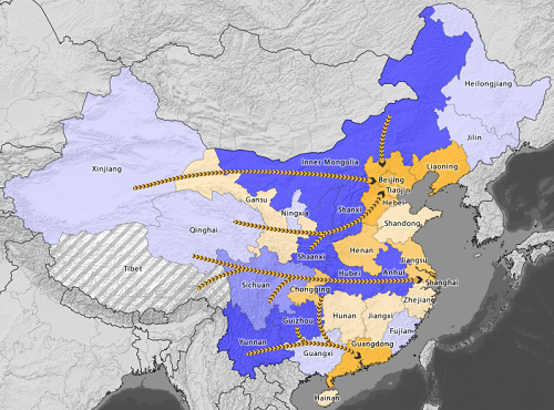 China map west east electricity transfer project