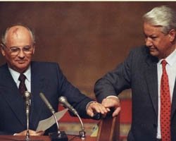 Soviet President Mikhail Gorbachev and Boris Yeltsin