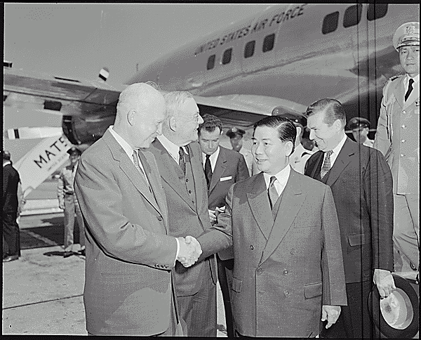 President Dwight D. Eisenhower and Secretary of State John Foster Dulles (from left) greet South Vietnam's President Ngo Dinh Diem at Washington National Airport. Source: National Archives.