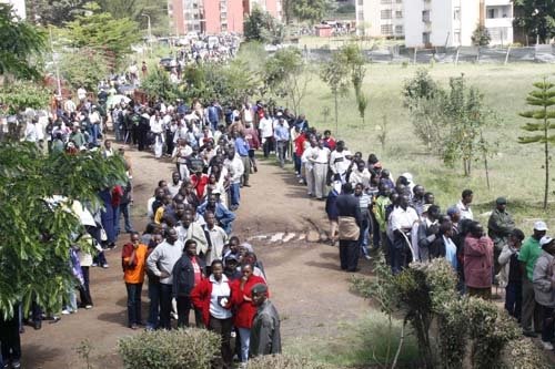 Voters queuing at a polling station in Kenya during the 2007 elections. Photo courtesy of User DEMOSH via Flickr Commons.