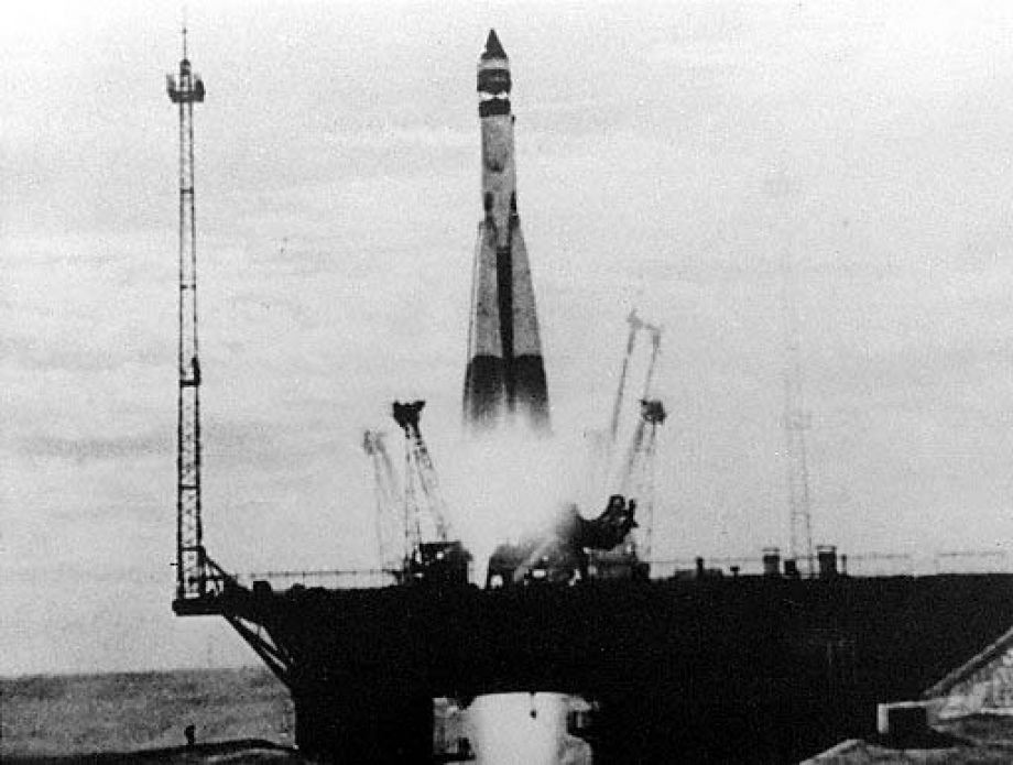 The Soviet satellite Sputnik 1 is launched aboard an ICBM on October 4, 1957.