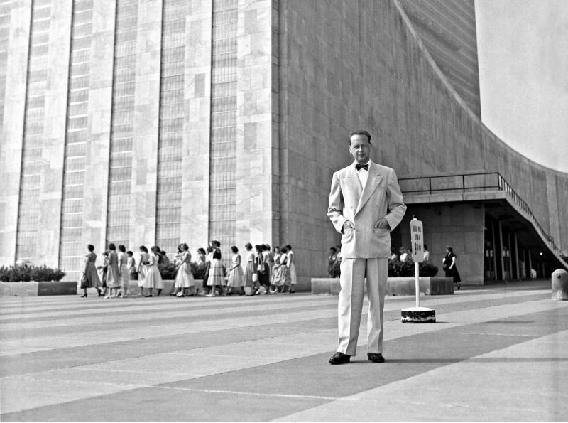 Dag Hammarskjöld outside the UN Building in New York, NY