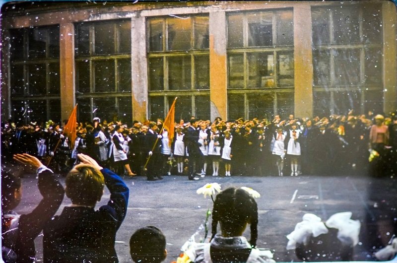 Vintage photo of a Soviet school holiday scene in Leningrad, USSR. Source: Shutterstock.