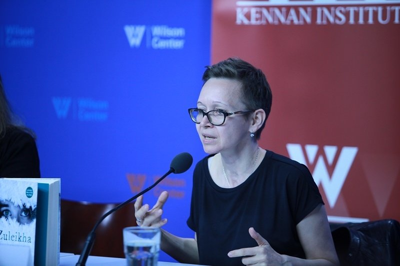 Guzel Yakhina speaking at her book talk with the Kennan Institute.