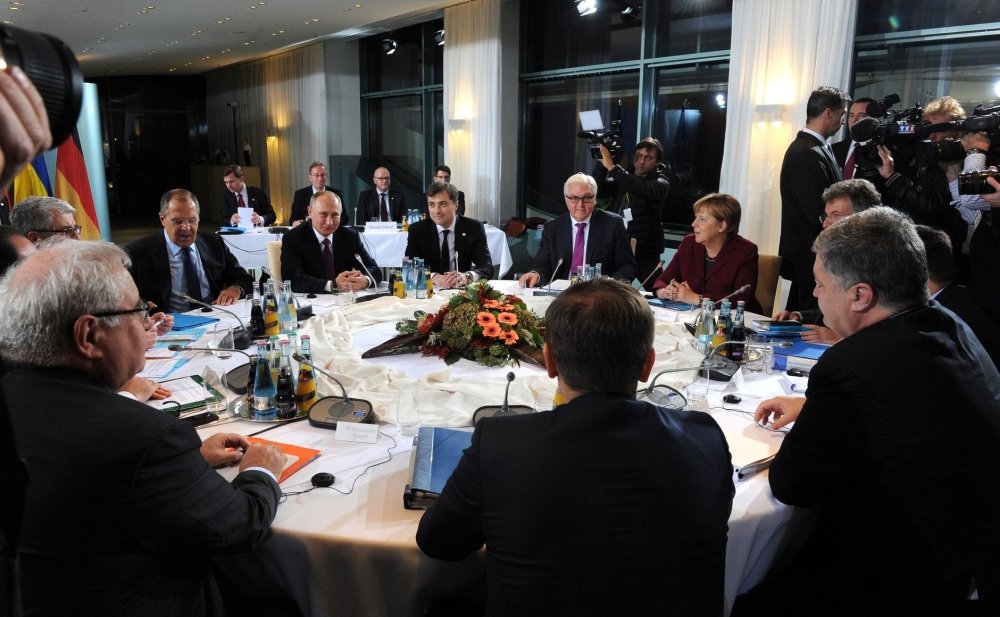 Talks on settling the situation in Ukraine were held in Berlin 2016 between Russian President Vladimir Putin, Federal Chancellor of Germany Angela Merkel, French President Francois Hollande, and Ukrainian President Petro Poroshenko. Source: Kremlin.ru