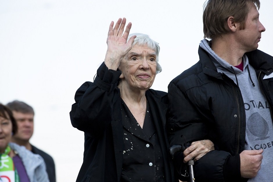 Lyudmila Alexeyeva waving at an opposition rally in 2013
