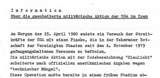 A Stasi report on the failed mission to rescue American hostages during the Iran Hostage Crisis in 1980