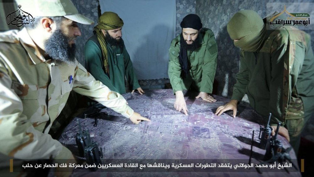 Jabhat Fateh al-Sham leader Muhammad al-Julani and commanders. Photograph by Jabhat Fateh al-Sham.