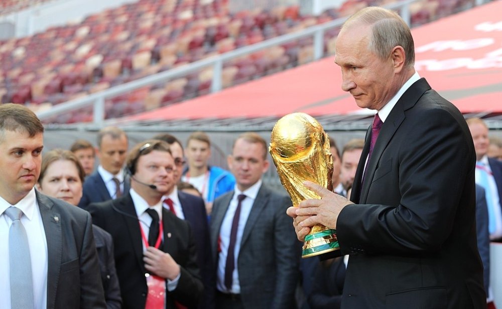 Vladimir Putin at the 2018 FIFA World Cup Trophy Tour kick-off ceremony.