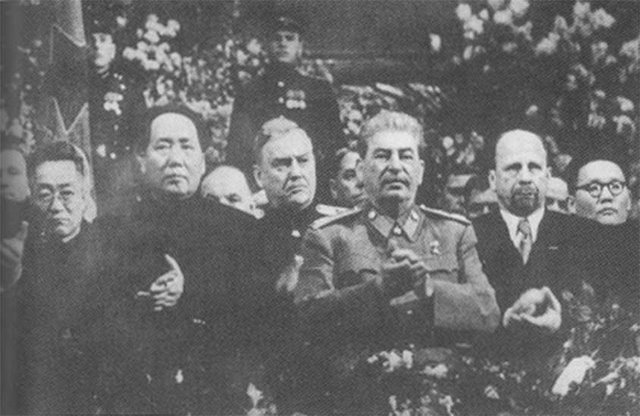 Mao at Stalin's side on a ceremony arranged for Stalin's 71th birthday in Moscow in December 1949