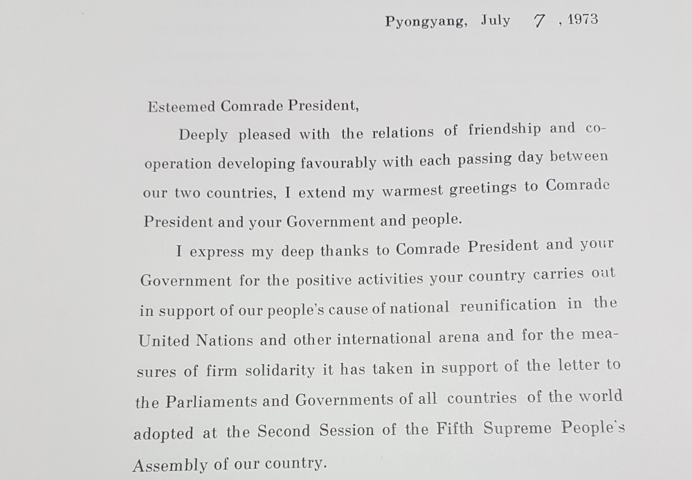 Message from the President of Democratic People's Republic of Korea, Kim Il Sung, to the President of the [Socialist Federal] Republic [of Yugoslavia], Josip Broz Tito