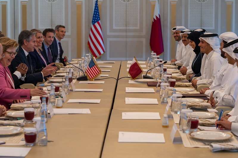 A meeting between Secretary Blinken and the Qatari Foreign Minister during the 2022 World Cup