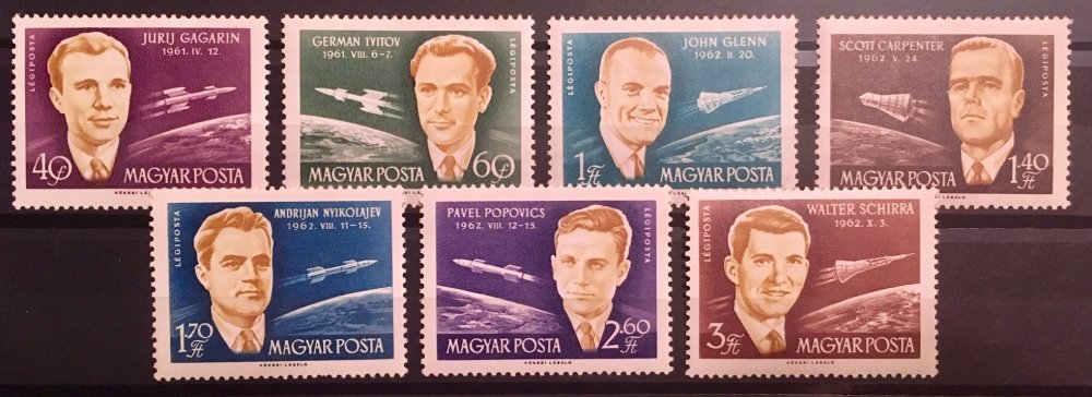 Hungarian stamps honoring Soviet and US astronauts