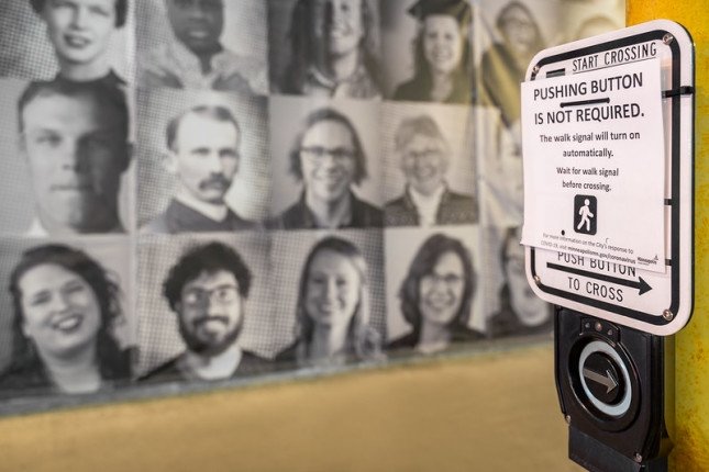 A crosswalk button in Minneapolis after the city disabled 450 walk buttons in late April 2020.