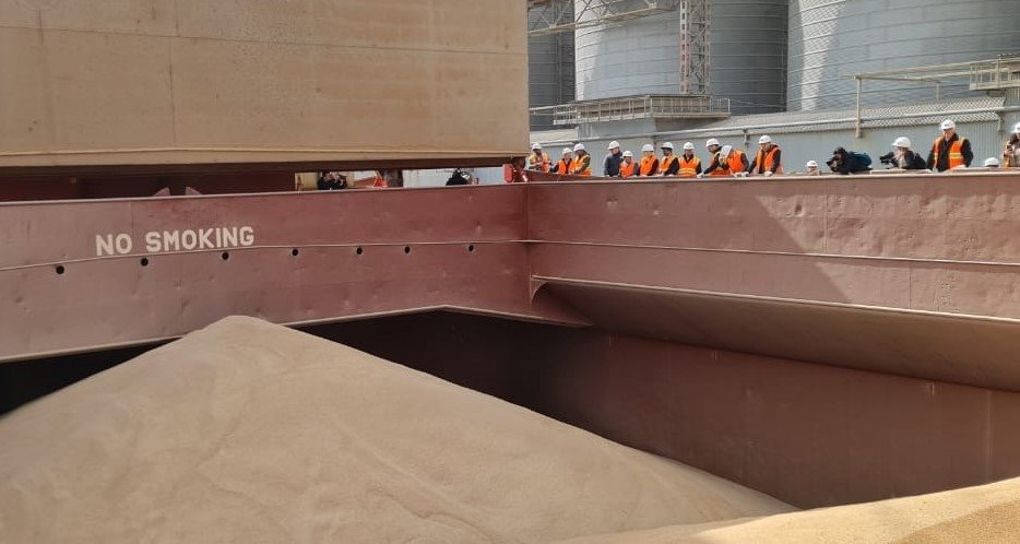 Grain loaded into a ship at the Odesa sea port