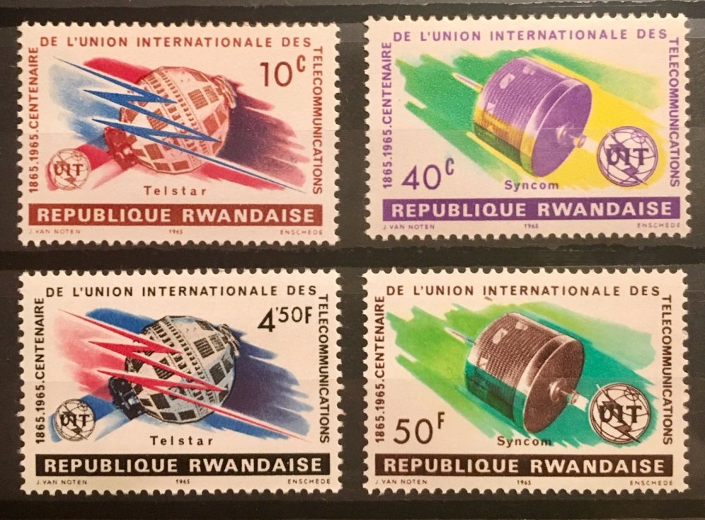 Rwandan stamps featuring US communications satellites “Telstar” and “Syncom” 