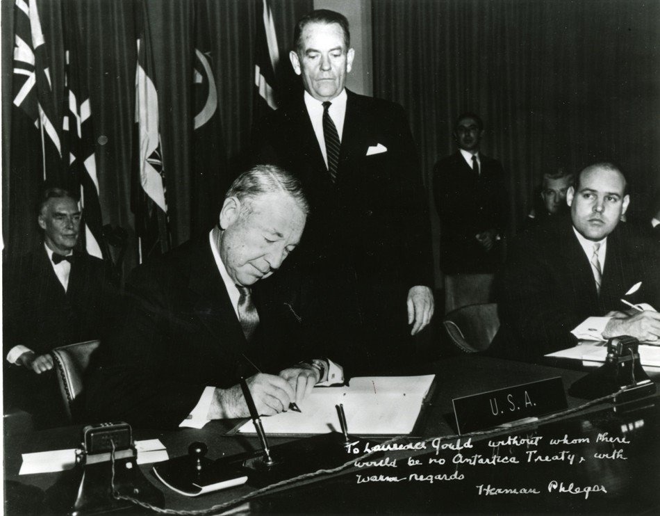 Herman Phleger signs the Antarctic Treaty on December 1, 1959. Source: ATS Image Bank,CC BY-NC-SA 3.0