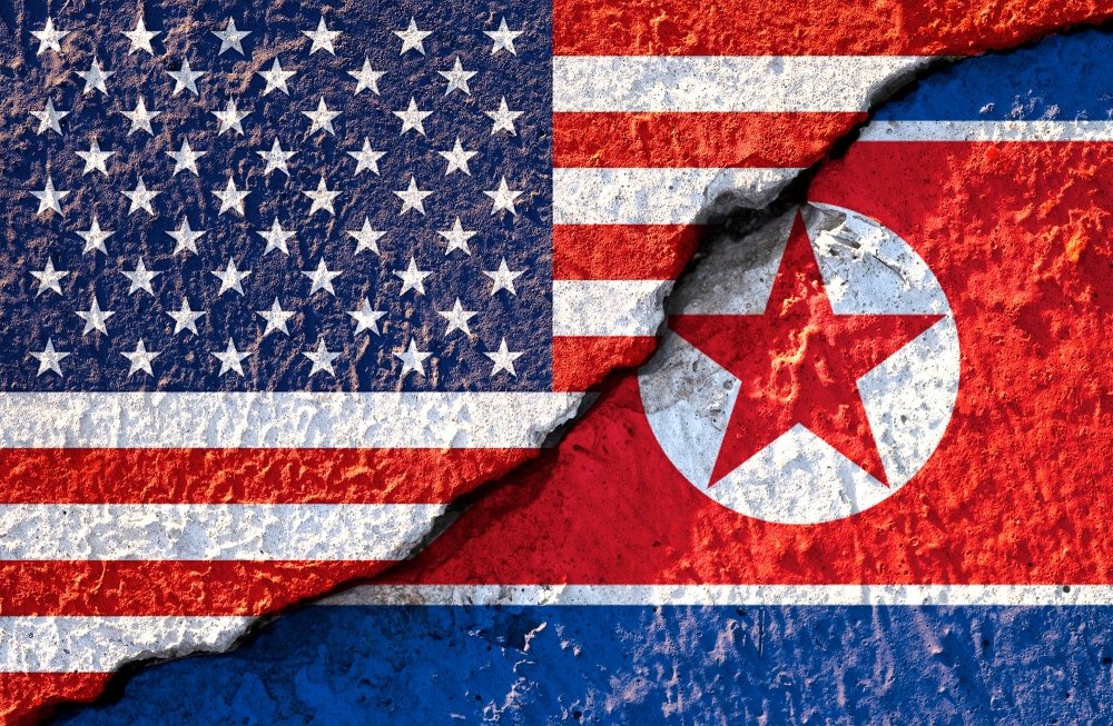 Flags of United States and North Korea.