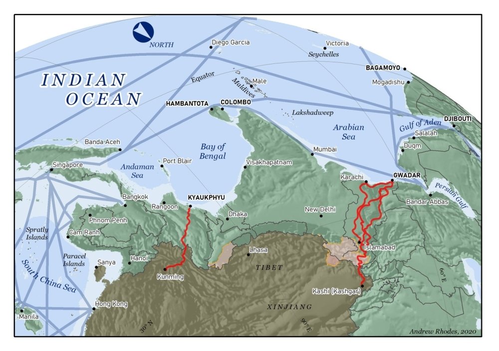 A map shows Gwadar port with red lines representing real and proposed infrastructure and blue lines representing major sea lanes.