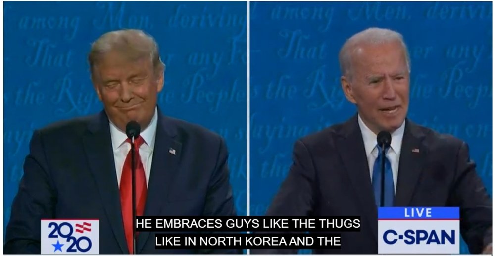 A screenshot of Donald Trump and Joe Biden during the second presidential debate. Biden is speaking and the closed captioning reads "he embraces guys like the thugs like in North Korea and the..."