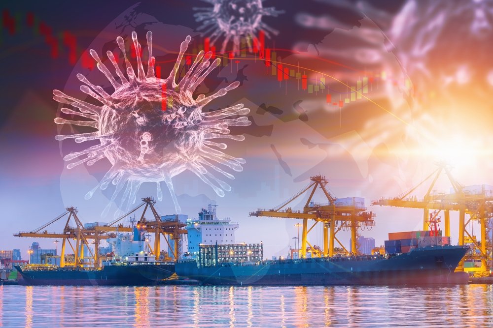 A financial graph and images of the coronavirus layered over a picture of container ships.